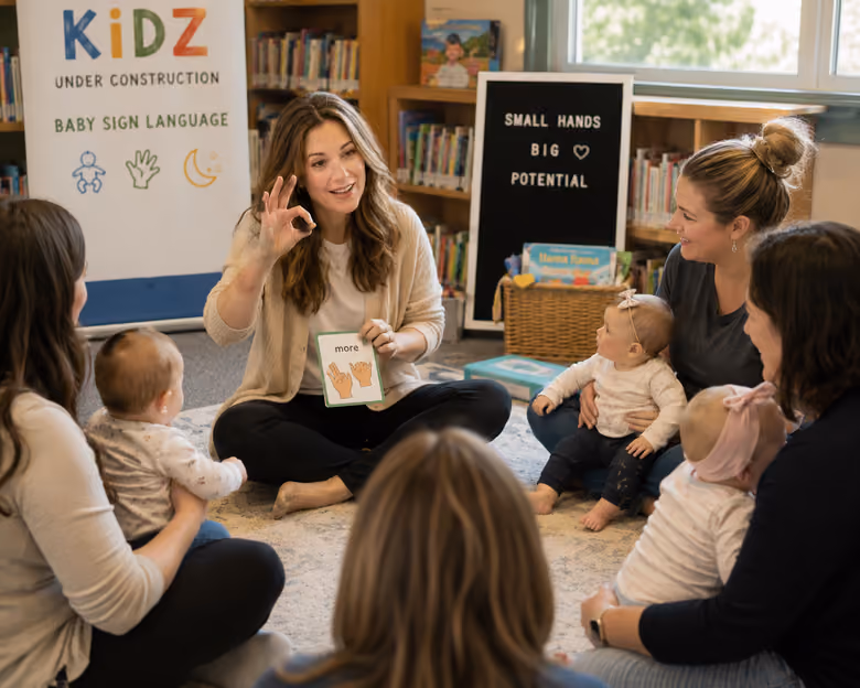Barbara teaching a baby sign language class