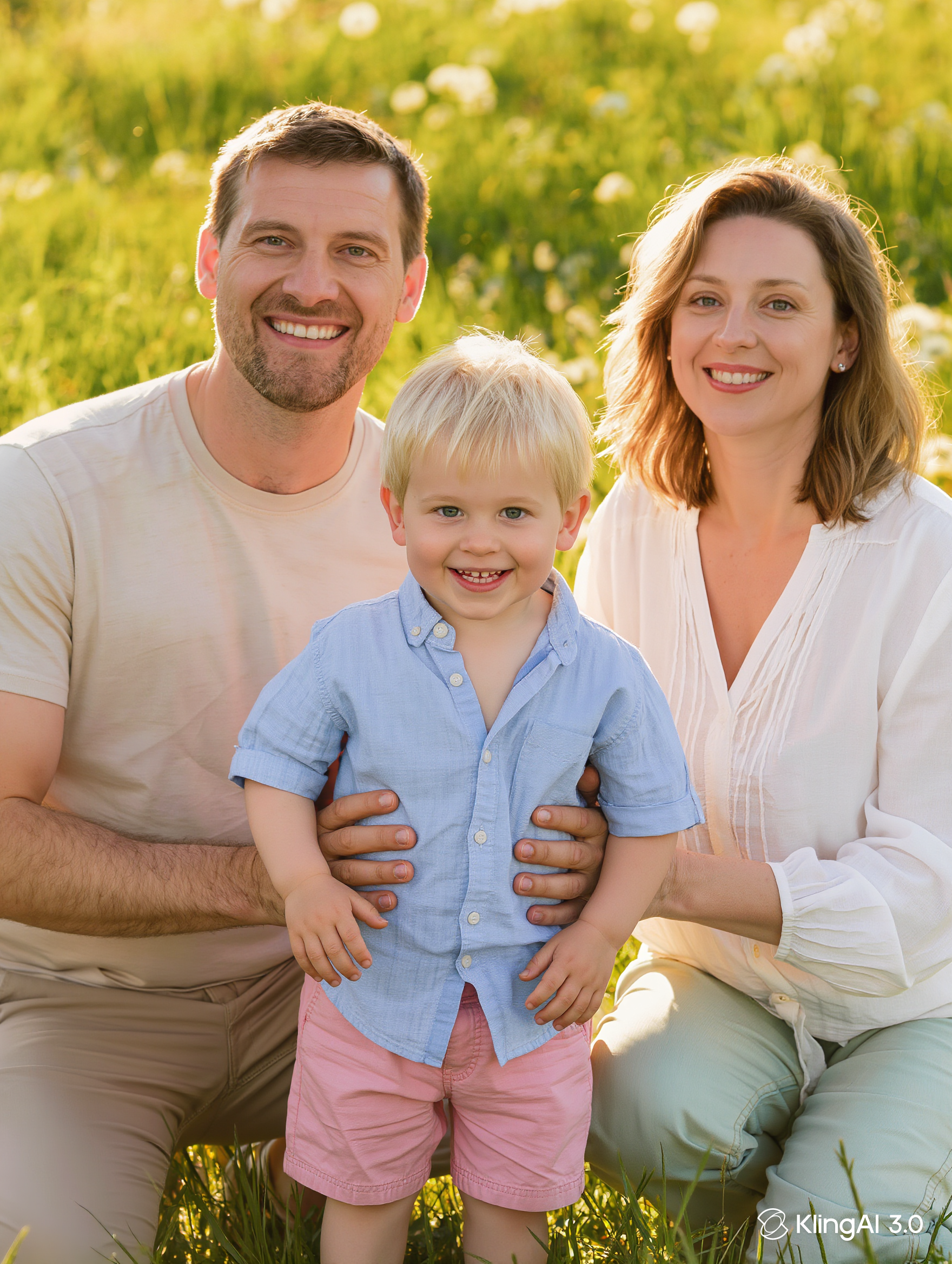 Happy family with their toddler in a sunny meadow