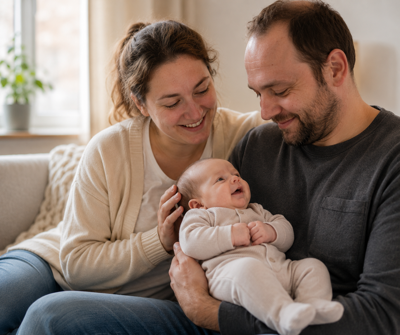 Parents holding their newborn on the couch