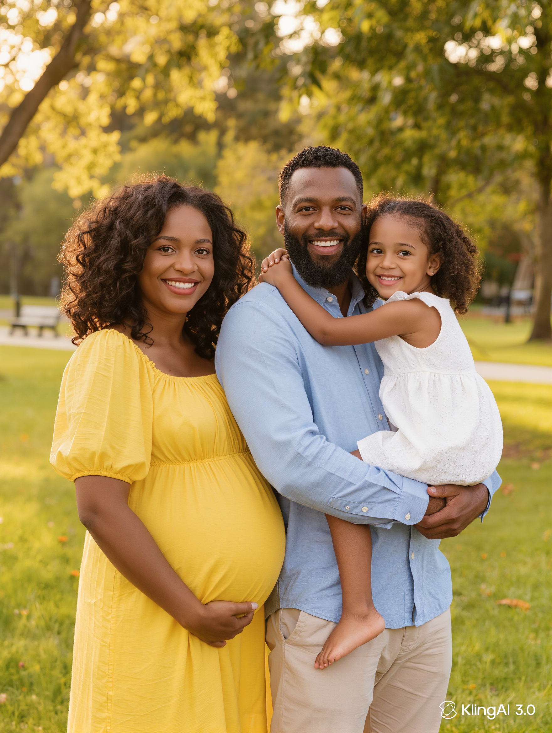 Family of three in a park, expecting a second child