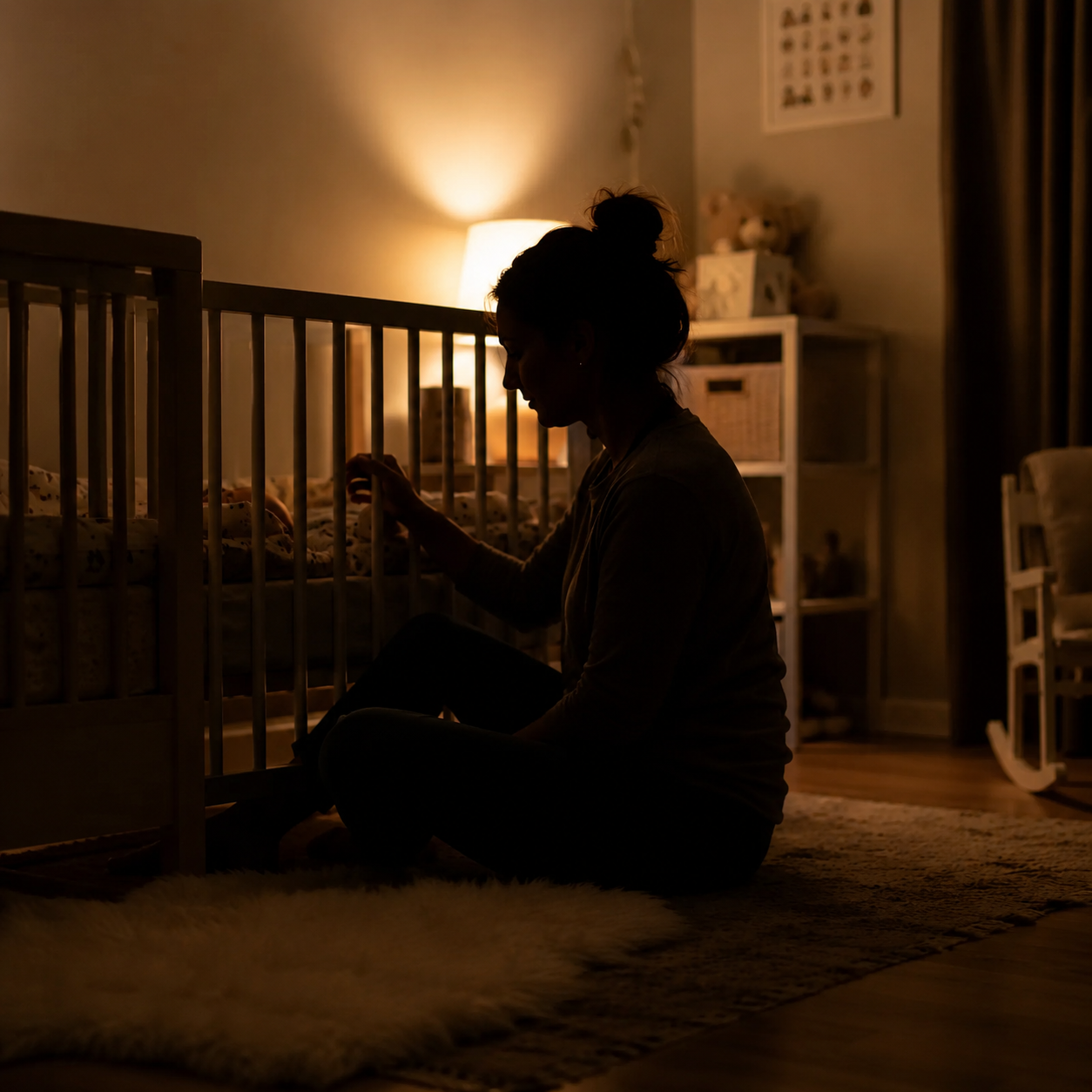 Parent sitting on nursery floor beside crib at night, softly lit