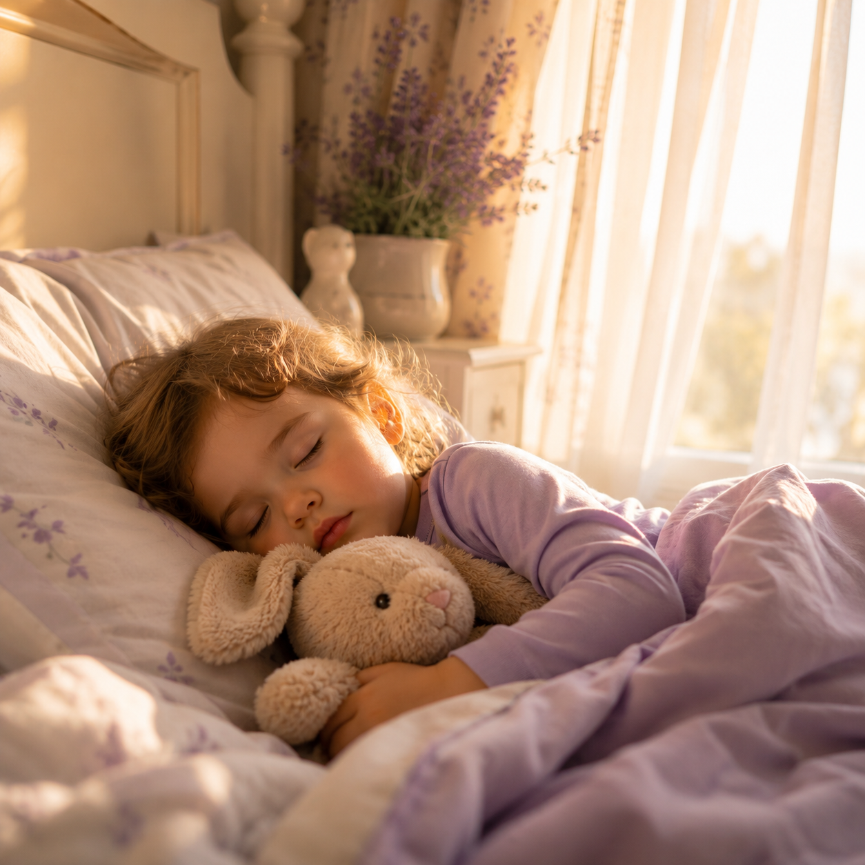 Toddler sleeping peacefully with a stuffed rabbit in morning light