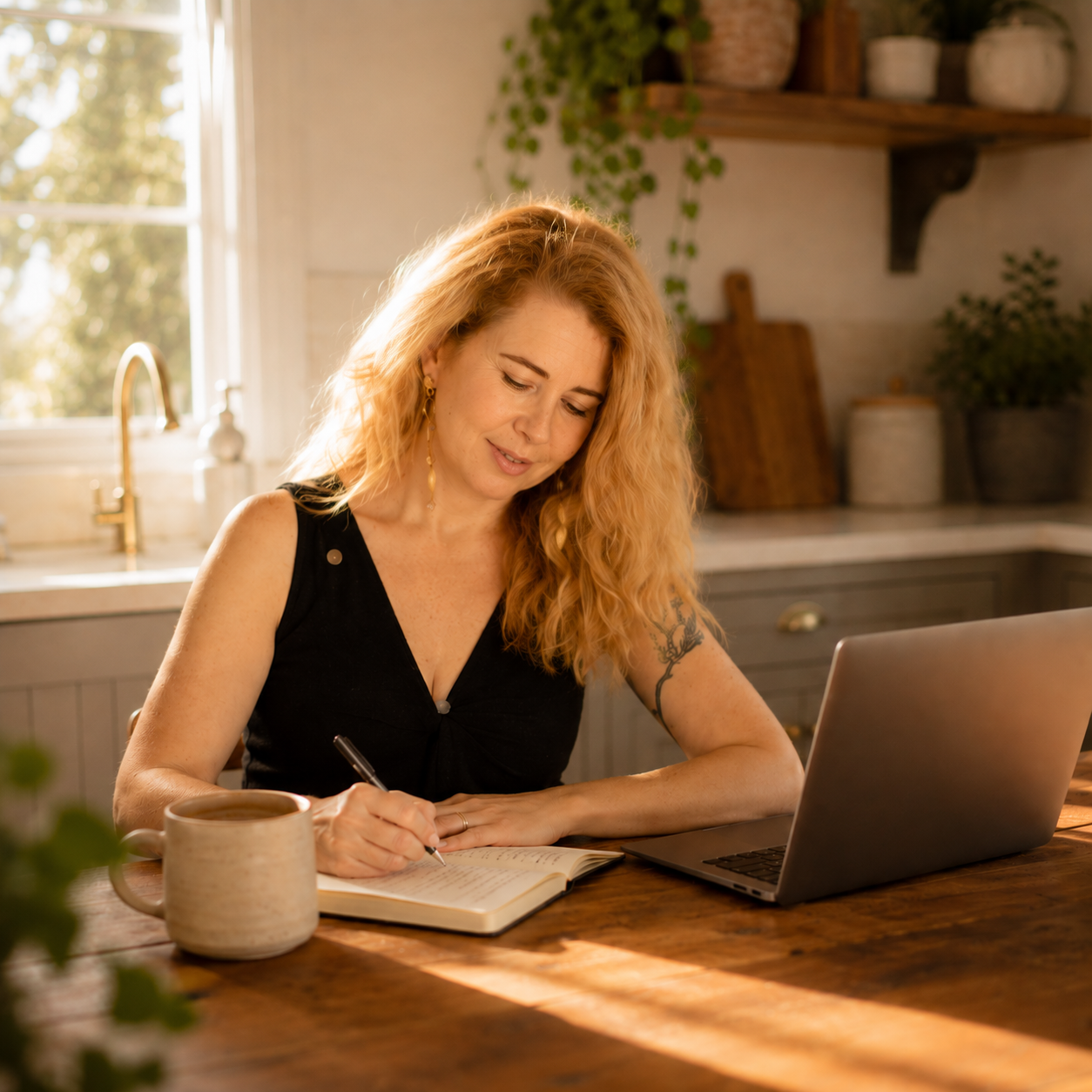 Mother taking notes at kitchen table with laptop and coffee