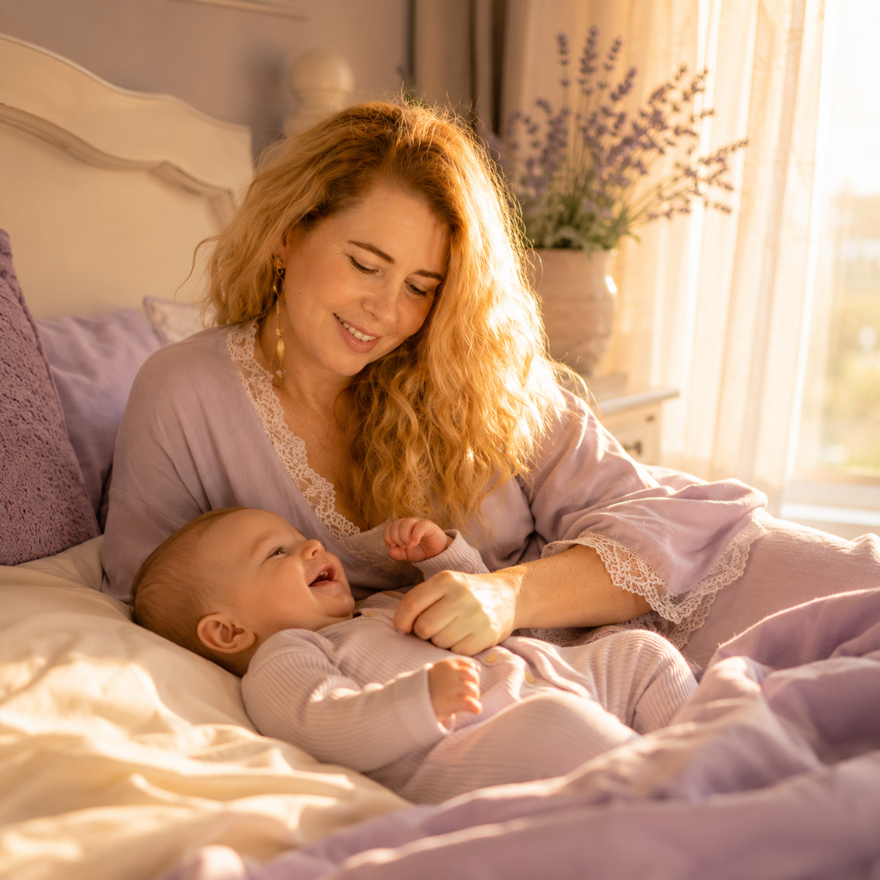 Well-rested parent smiling at their baby on bed in morning sunlight